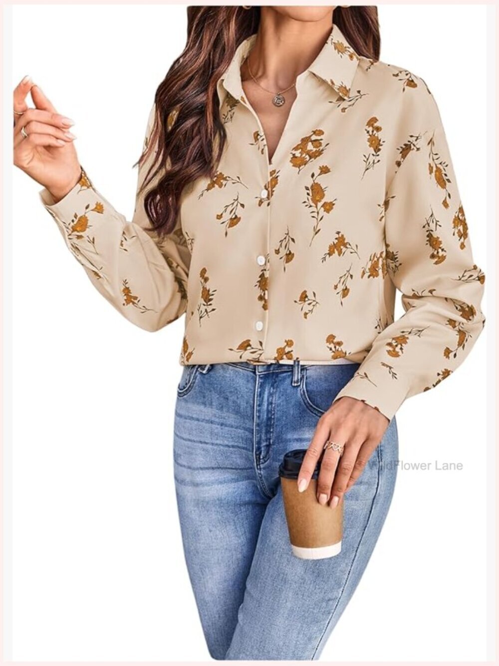 Women's Button Down Shirt Long Sleeve Floral Blouse Office Top